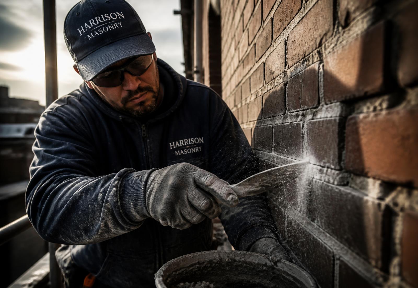 Bistate Builders mason tuckpointing a brick wall in the Quad Cities